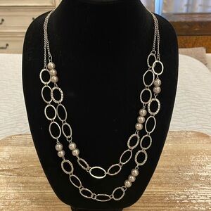 Vintage Silver Tone Gray Beaded Double Layer Strand Chain Statement Necklace